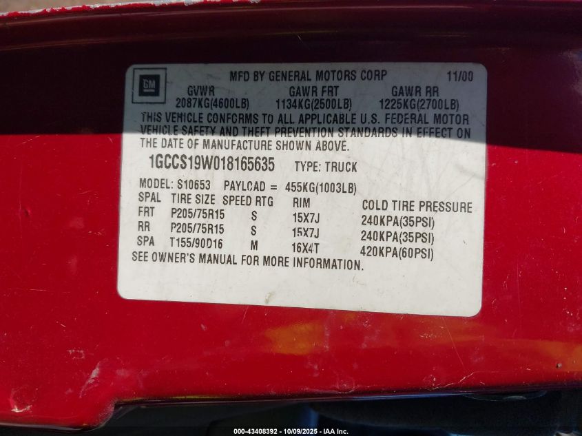 2001 Chevrolet S-10 Ls VIN: 1GCCS19W018165635 Lot: 43408392