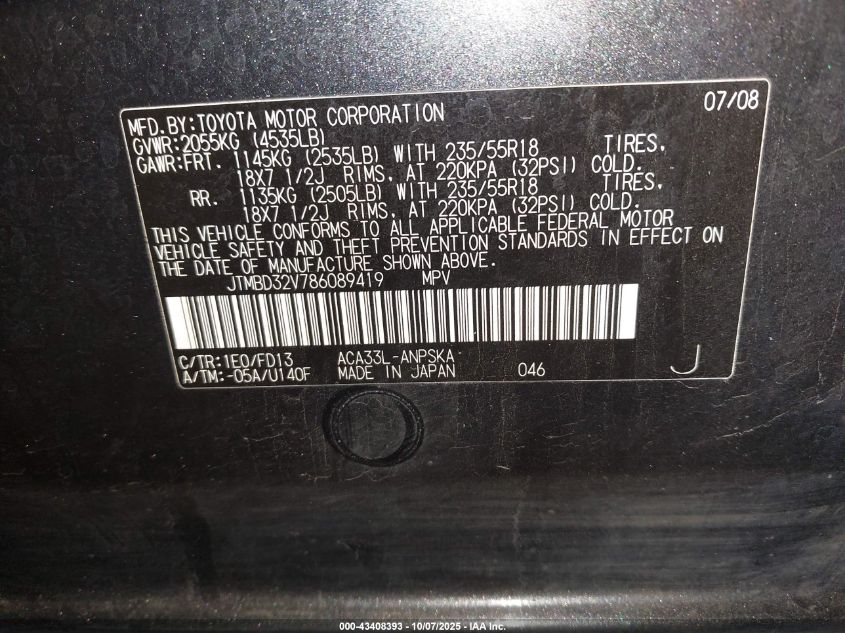 2008 Toyota Rav4 Sport VIN: JTMBD32V786089419 Lot: 43408393