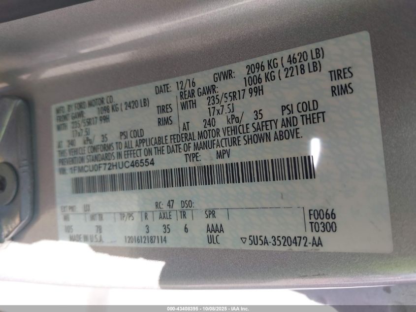 2017 Ford Escape S VIN: 1FMCU0F72HUC46554 Lot: 43408395