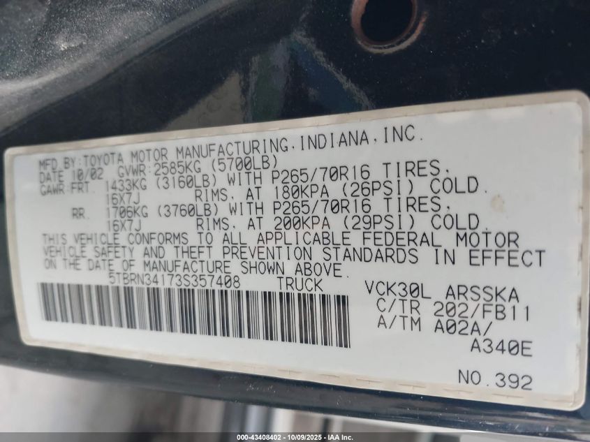 2003 Toyota Tundra Sr5 VIN: 5TBRN34173S357408 Lot: 43408402