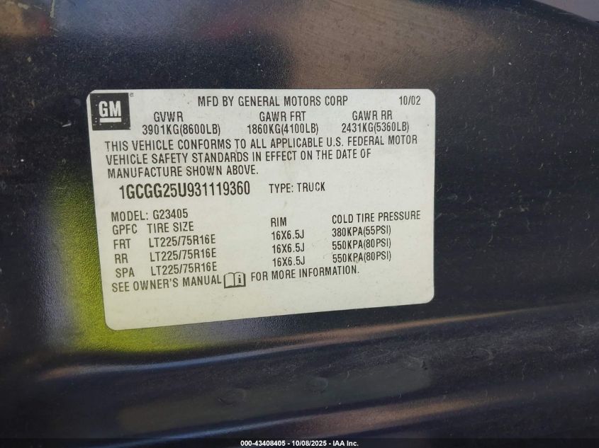 2003 Chevrolet Express VIN: 1GCGG25U931119360 Lot: 43408405