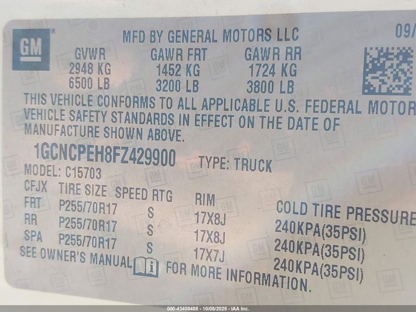 2015 Chevrolet Silverado 1500 Wt VIN: 1GCNCPEH8FZ429900 Lot: 43408408