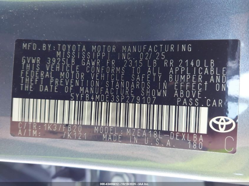 2025 Toyota Corolla Le VIN: 5YFB4MDE3SP279107 Lot: 43408412