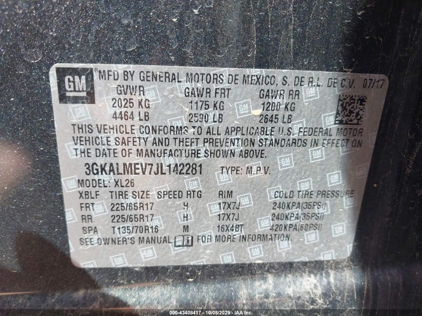 2018 GMC Terrain Sle VIN: 3GKALMEV7JL142281 Lot: 43408417