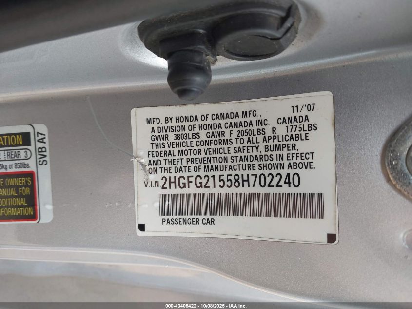 2008 Honda Civic Si VIN: 2HGFG21558H702240 Lot: 43408422