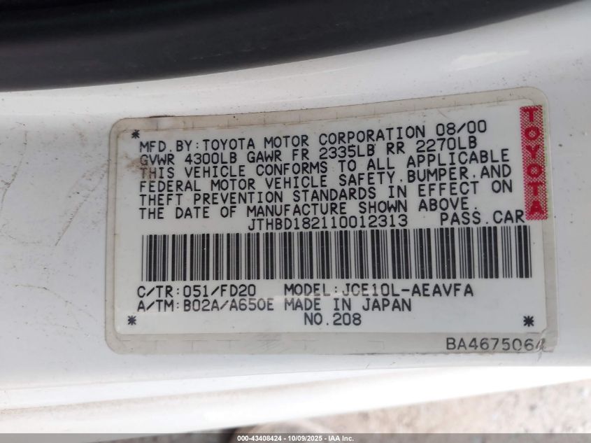 2001 Lexus Is 300 VIN: JTHBD182110012313 Lot: 43408424