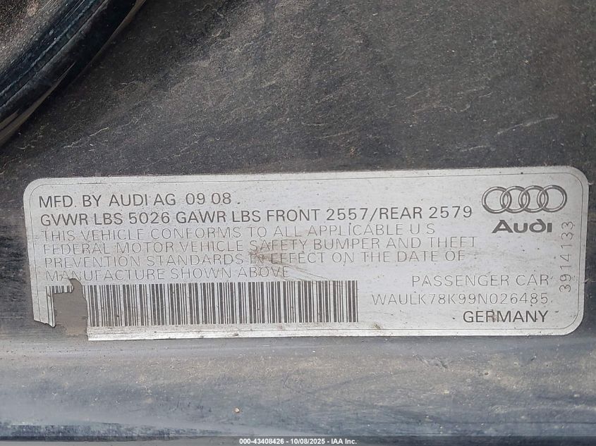 2009 Audi A4 3.2 Premium Plus VIN: WAULK78K99N026485 Lot: 43408426