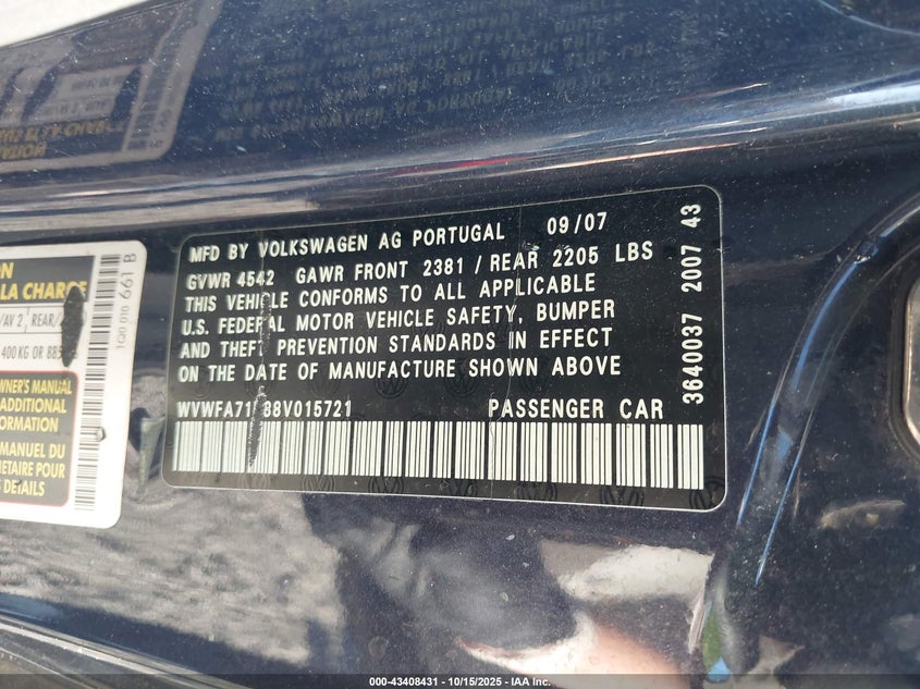 WVWFA71F88V015721 2008 VOLKSWAGEN EOS photo no. 9