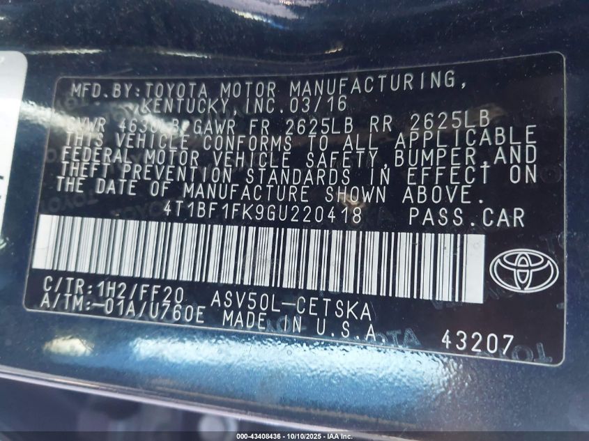 2016 Toyota Camry Se VIN: 4T1BF1FK9GU220418 Lot: 43408436