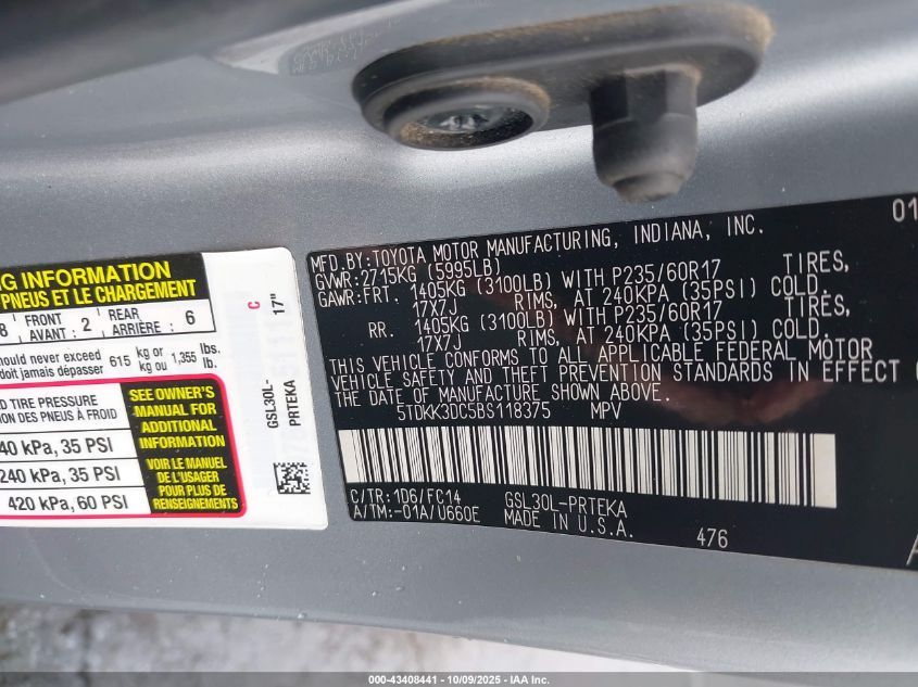 2011 Toyota Sienna Le V6 VIN: 5TDKK3DC5BS118375 Lot: 43408441