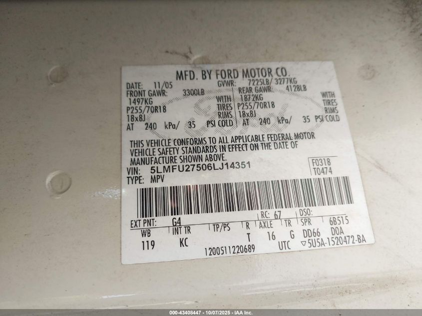 2006 Lincoln Navigator Luxury/Ultimate VIN: 5LMFU27506LJ14351 Lot: 43408447