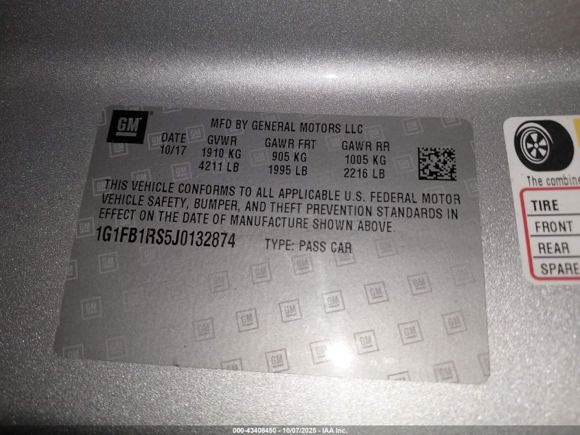 2018 Chevrolet Camaro 1Lt VIN: 1G1FB1RS5J0132874 Lot: 43408450