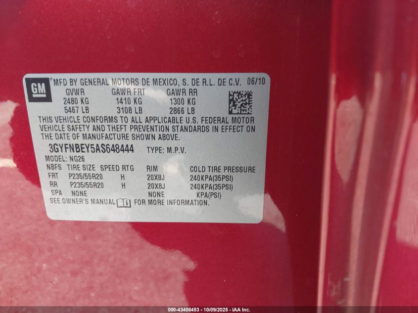 2010 Cadillac Srx Performance Collection VIN: 3GYFNBEY5AS648444 Lot: 43408453