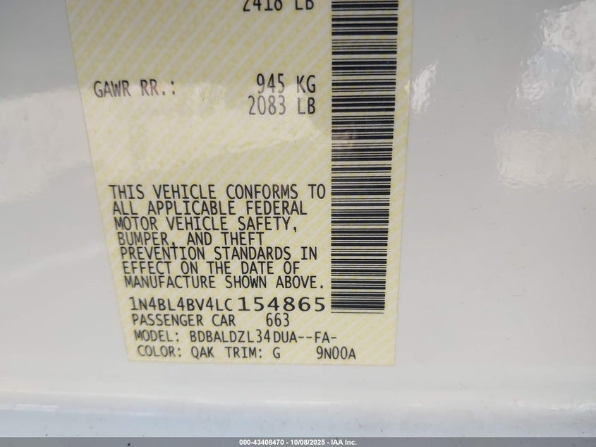 2020 NISSAN ALTIMA S FWD 1N4BL4BV4LC154865