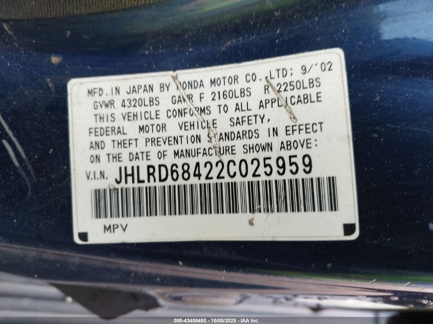 2002 Honda Cr-V Lx VIN: JHLRD68422C025959 Lot: 43408480