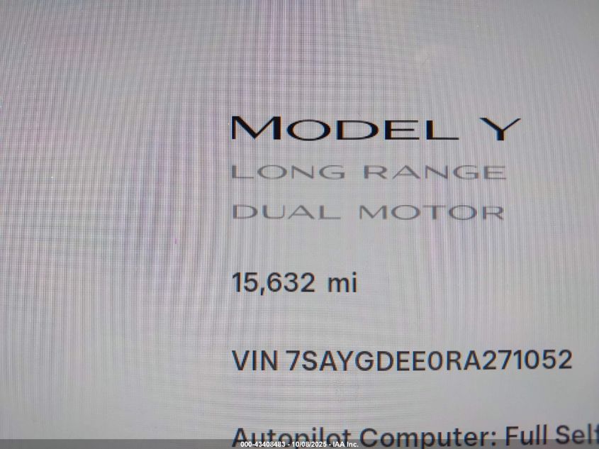 2024 Tesla Model Y Long Range Dual Motor All-Wheel Drive VIN: 7SAYGDEE0RA271052 Lot: 43408483