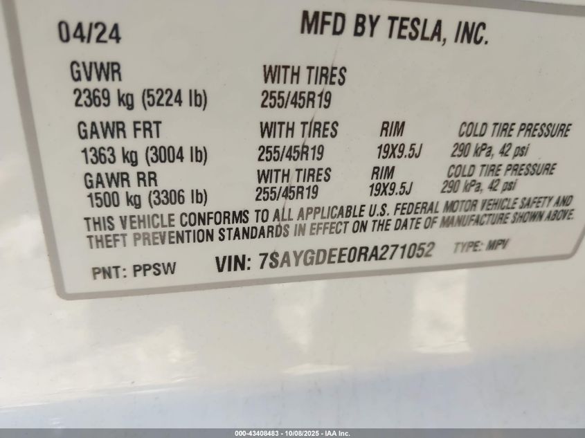 2024 Tesla Model Y Long Range Dual Motor All-Wheel Drive VIN: 7SAYGDEE0RA271052 Lot: 43408483