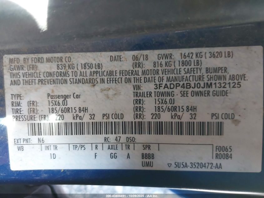 2018 Ford Fiesta Se VIN: 3FADP4BJ0JM132125 Lot: 43408491