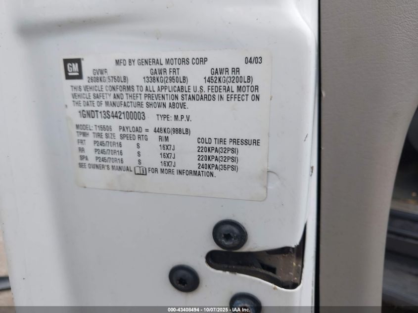 2004 Chevrolet Trailblazer Lt VIN: 1GNDT13S442100003 Lot: 43408494