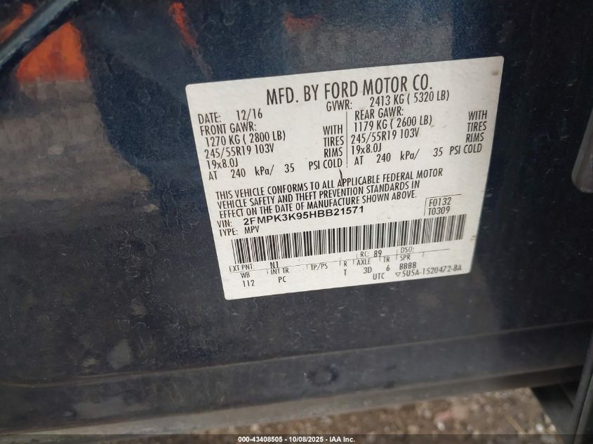 2017 Ford Edge Titanium VIN: 2FMPK3K95HBB21571 Lot: 43408505