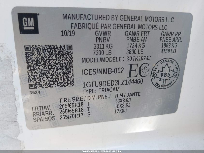 2020 GMC Sierra 1500 4Wd Short Box Slt/4Wd Standard Box Slt VIN: 1GTU9DED3LZ144460 Lot: 43408506