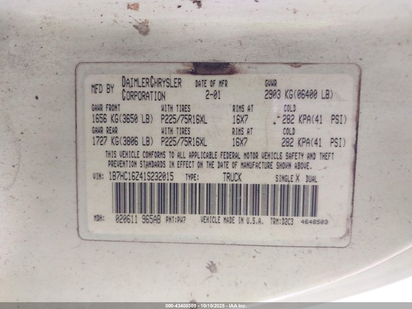 2001 Dodge Ram 1500 St VIN: 1B7HC16Z41S232015 Lot: 43408509