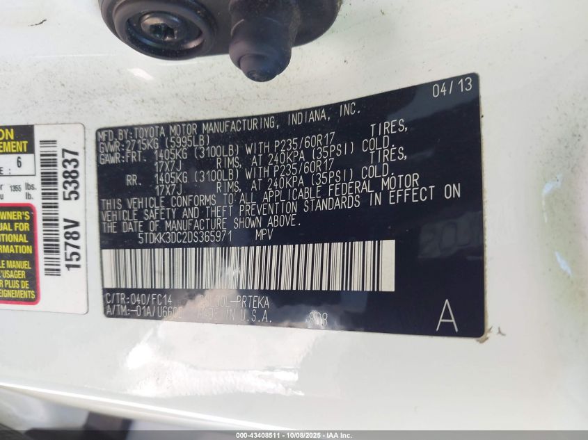 2013 Toyota Sienna Le V6 8 Passenger VIN: 5TDKK3DC2DS365971 Lot: 43408511