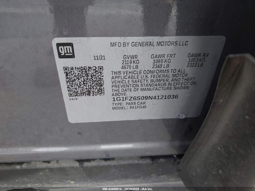 2022 Chevrolet Bolt Euv Fwd Premier VIN: 1G1FZ6S09N4121036 Lot: 43408514