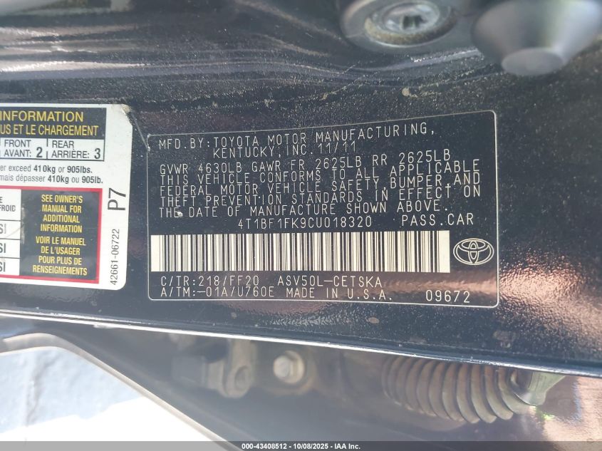 2012 Toyota Camry Se VIN: 4T1BF1FK9CU018320 Lot: 43408512