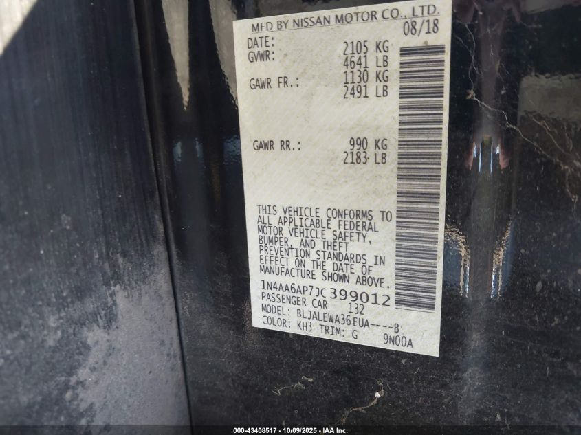 2018 Nissan Maxima 3.5 Sl VIN: 1N4AA6AP7JC399012 Lot: 43408517