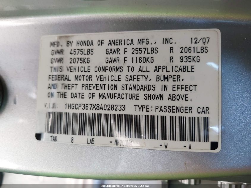 2008 Honda Accord 3.5 Ex VIN: 1HGCP367X8A028233 Lot: 43408518