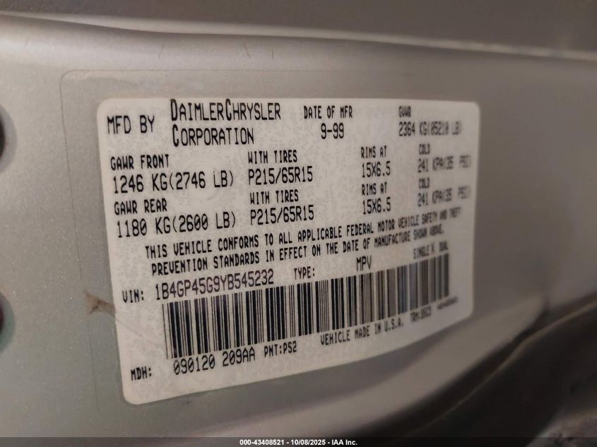 2000 Dodge Caravan Se VIN: 1B4GP45G9YB545232 Lot: 43408521