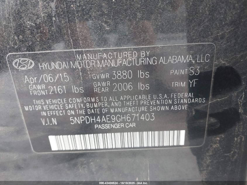 2016 Hyundai Elantra Se VIN: 5NPDH4AE9GH671403 Lot: 43408524