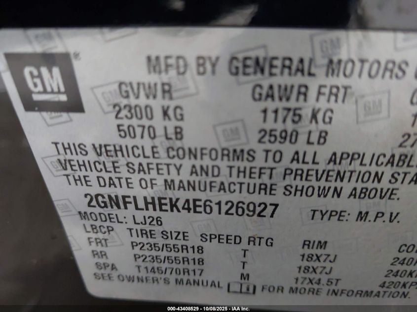 2014 Chevrolet Equinox Ltz VIN: 2GNFLHEK4E6126927 Lot: 43408529