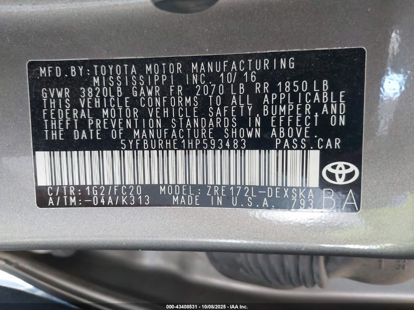 2017 Toyota Corolla Se VIN: 5YFBURHE1HP593483 Lot: 43408531