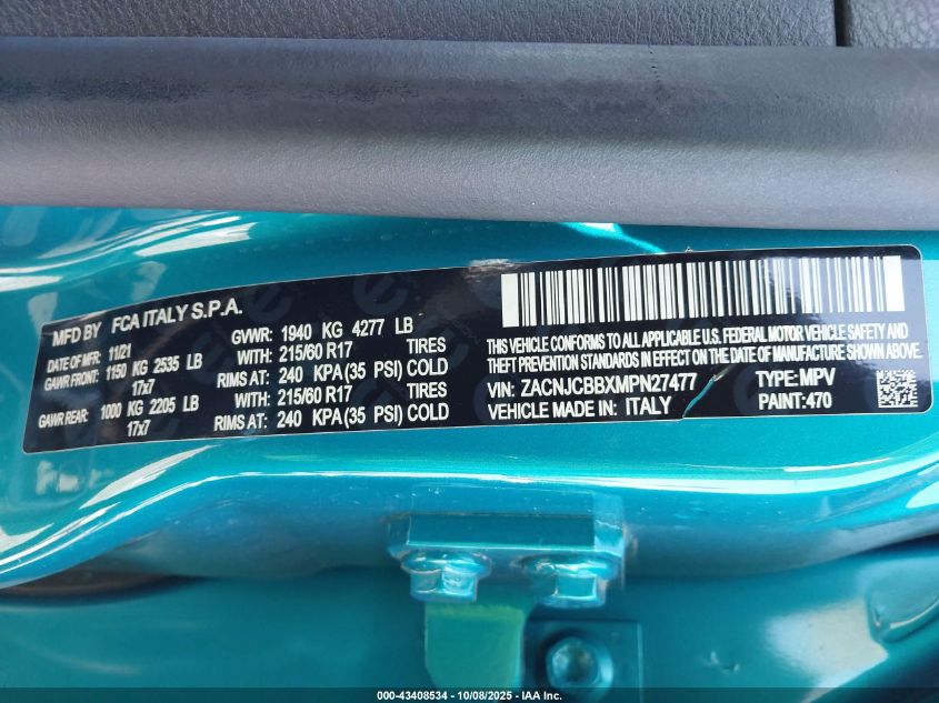 2021 Jeep Renegade Latitude Fwd VIN: ZACNJCBBXMPN27477 Lot: 43408534