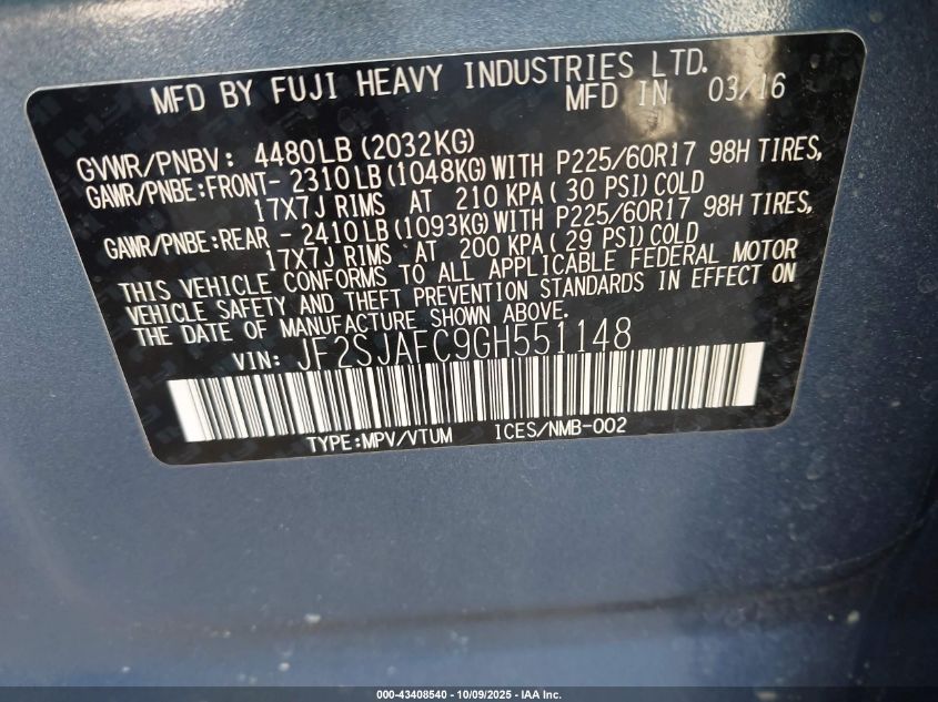 2016 Subaru Forester 2.5I Premium VIN: JF2SJAFC9GH551148 Lot: 43408540