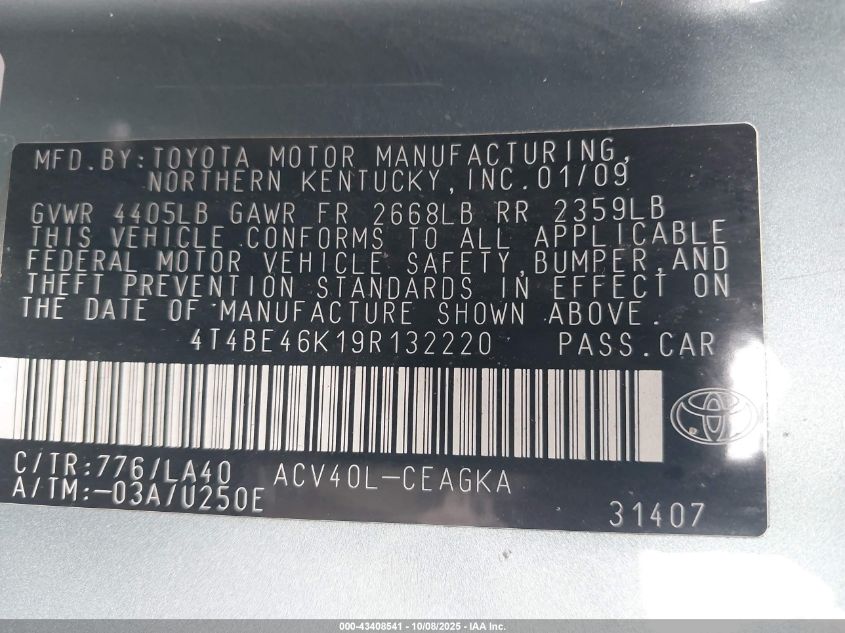 2009 Toyota Camry Xle VIN: 4T4BE46K19R132220 Lot: 43408541