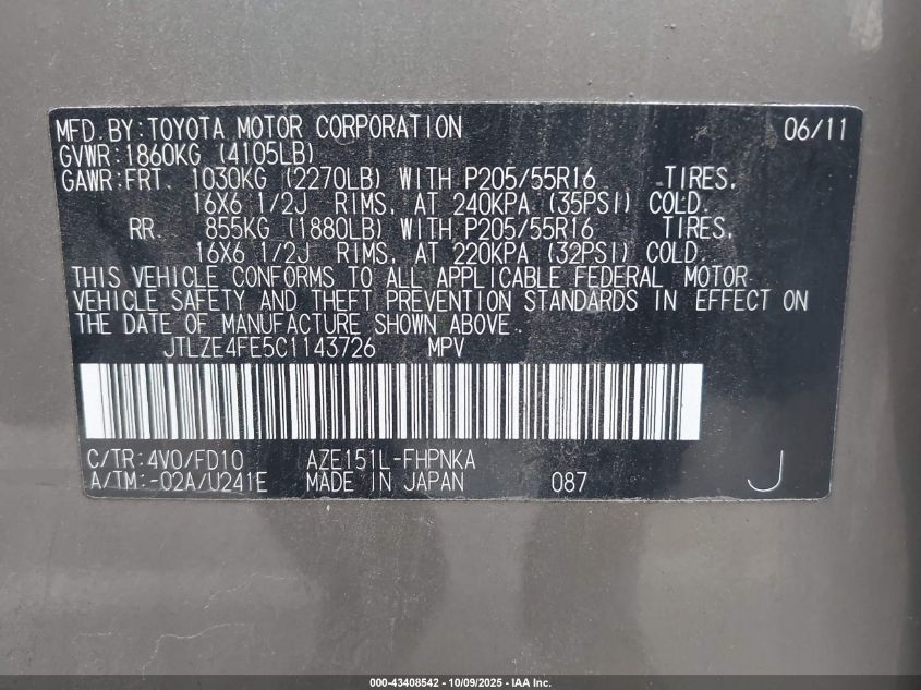 2012 Scion Xb VIN: JTLZE4FE5C1143726 Lot: 43408542