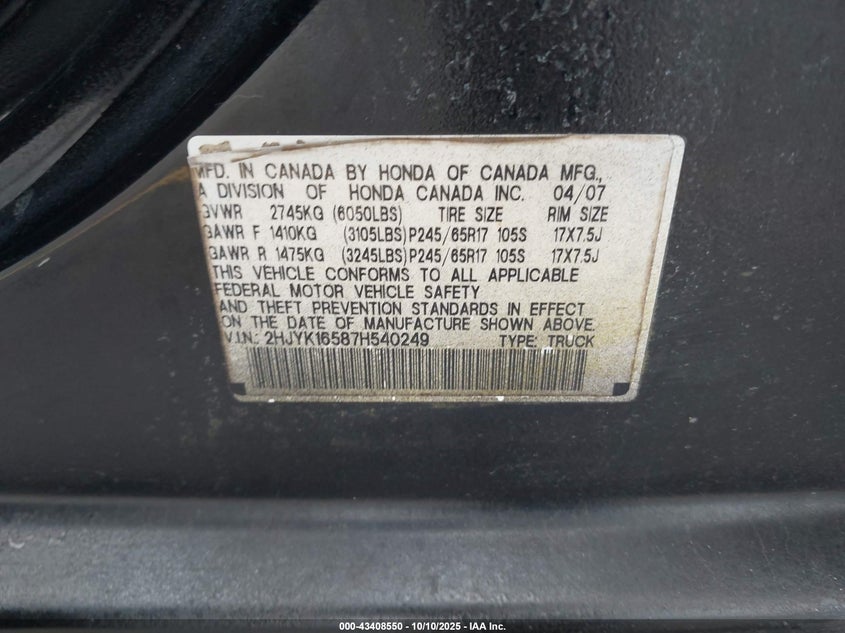 2007 Honda Ridgeline Rtl VIN: 2HJYK16587H540249 Lot: 43408550