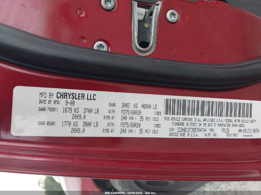 2009 Dodge Ram 1500 Slt/Sport/Trx VIN: 1D3HB13T39S704744 Lot: 43408554