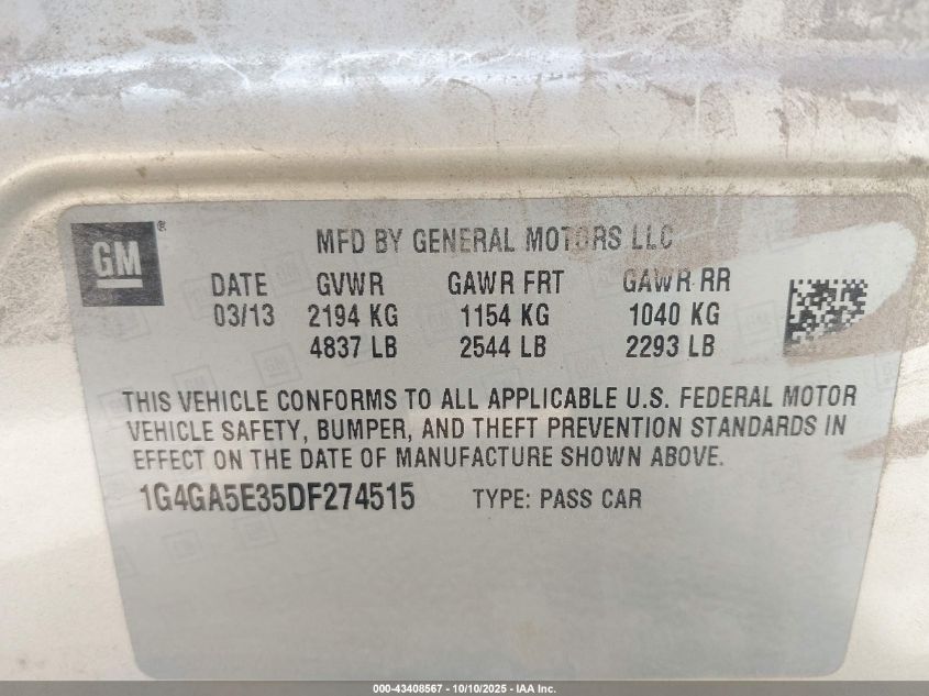 2013 Buick Lacrosse VIN: 1G4GA5E35DF274515 Lot: 43408567