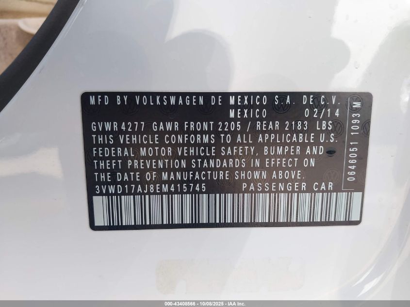 2014 Volkswagen Jetta 1.8T Se VIN: 3VWD17AJ8EM415745 Lot: 43408566