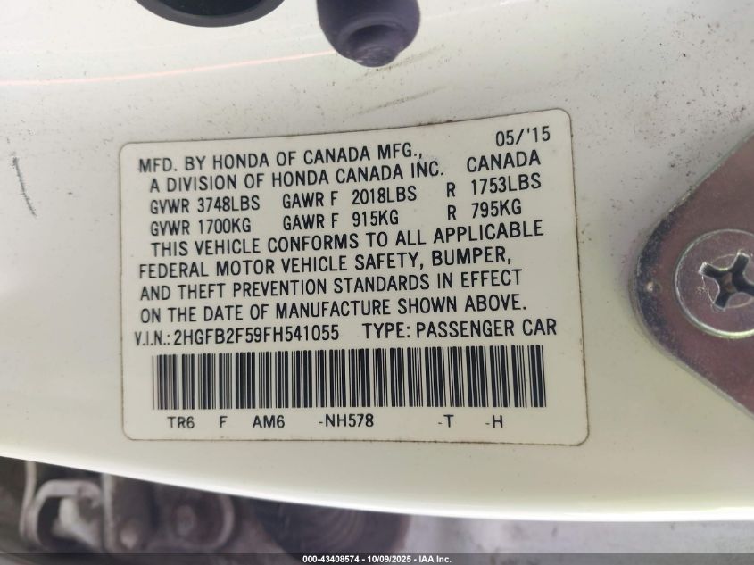 2015 Honda Civic Lx VIN: 2HGFB2F59FH541055 Lot: 43408574