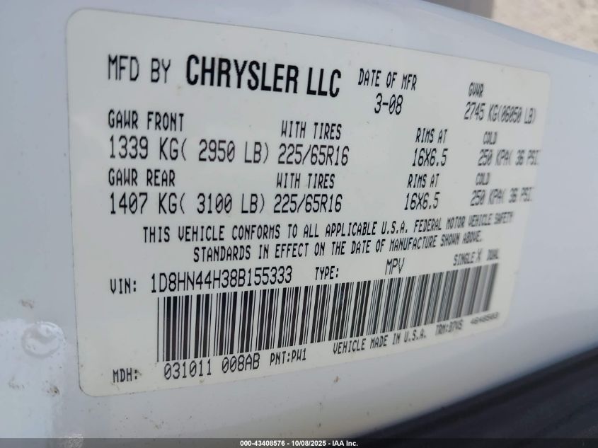 2008 Dodge Grand Caravan Se VIN: 1D8HN44H38B15333 Lot: 43408576