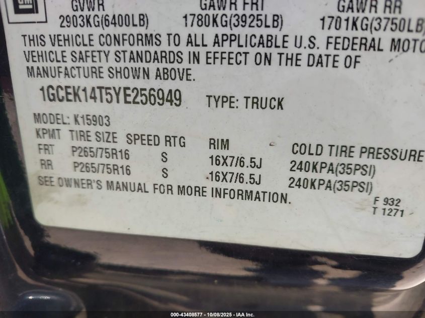 2000 Chevrolet Silverado 1500 Ls VIN: 1GCEK14T5YE256949 Lot: 43408577