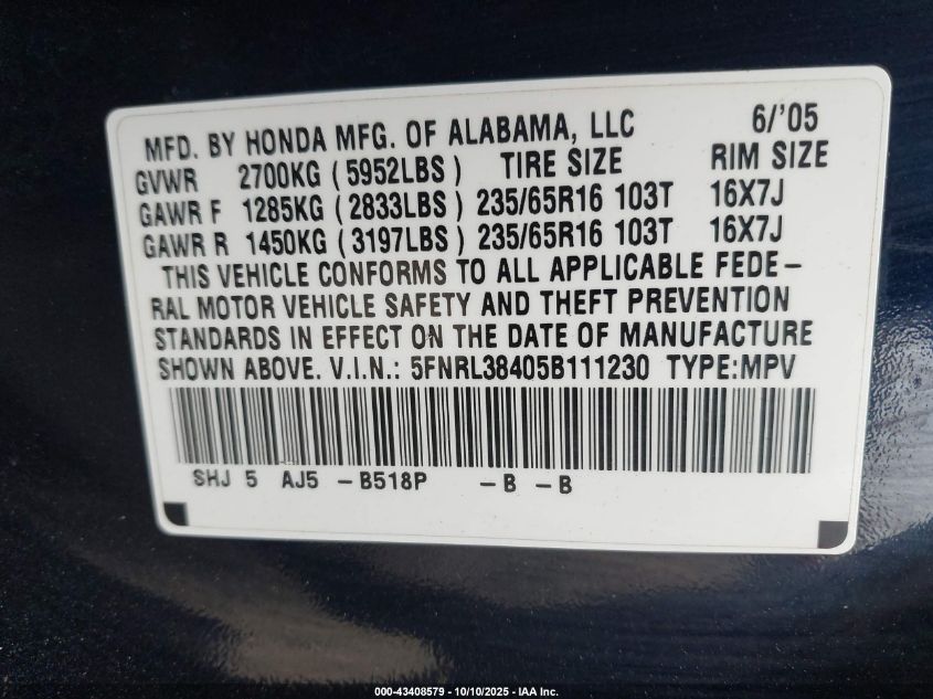 2005 Honda Odyssey Ex VIN: 5FNRL38405B111230 Lot: 43408579