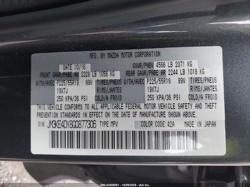 2016 Mazda Cx-5 Grand Touring VIN: JM3KE4DY8G0877306 Lot: 43408581