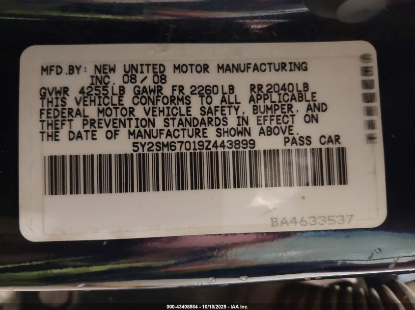 2009 Pontiac Vibe VIN: 5Y2SM67019Z443899 Lot: 43408584