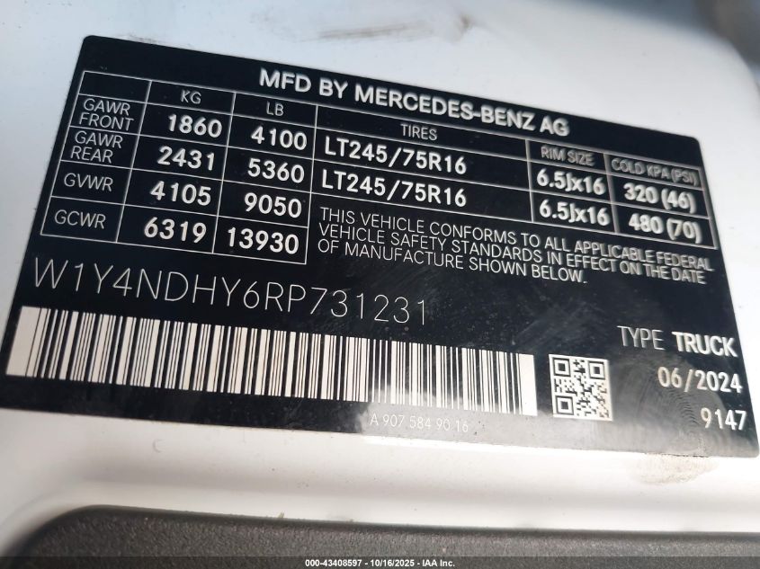 2024 Mercedes-Benz Sprinter 2500 High Roof 4-Cyl Diesel Ho VIN: W1Y4NDHY6RP731231 Lot: 43408597